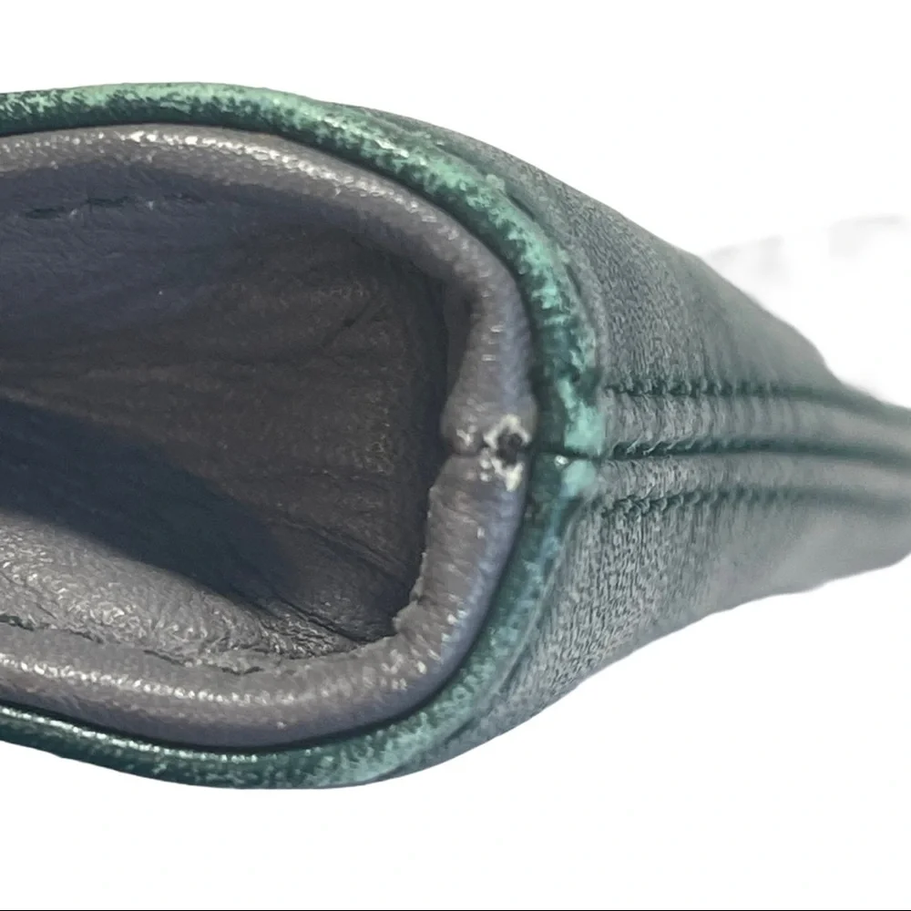 HALOGEN Leather Clutch Dark teal green w/wrist strap Two-Toned Minimalist Mod